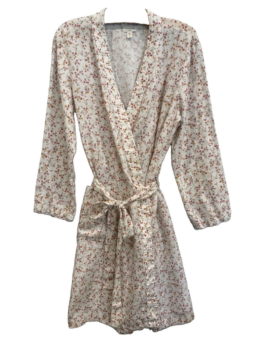 Garnet Hill Linen Robe White Micro Floral Midi Tie 3/4 Sleeve Pockets Sz M